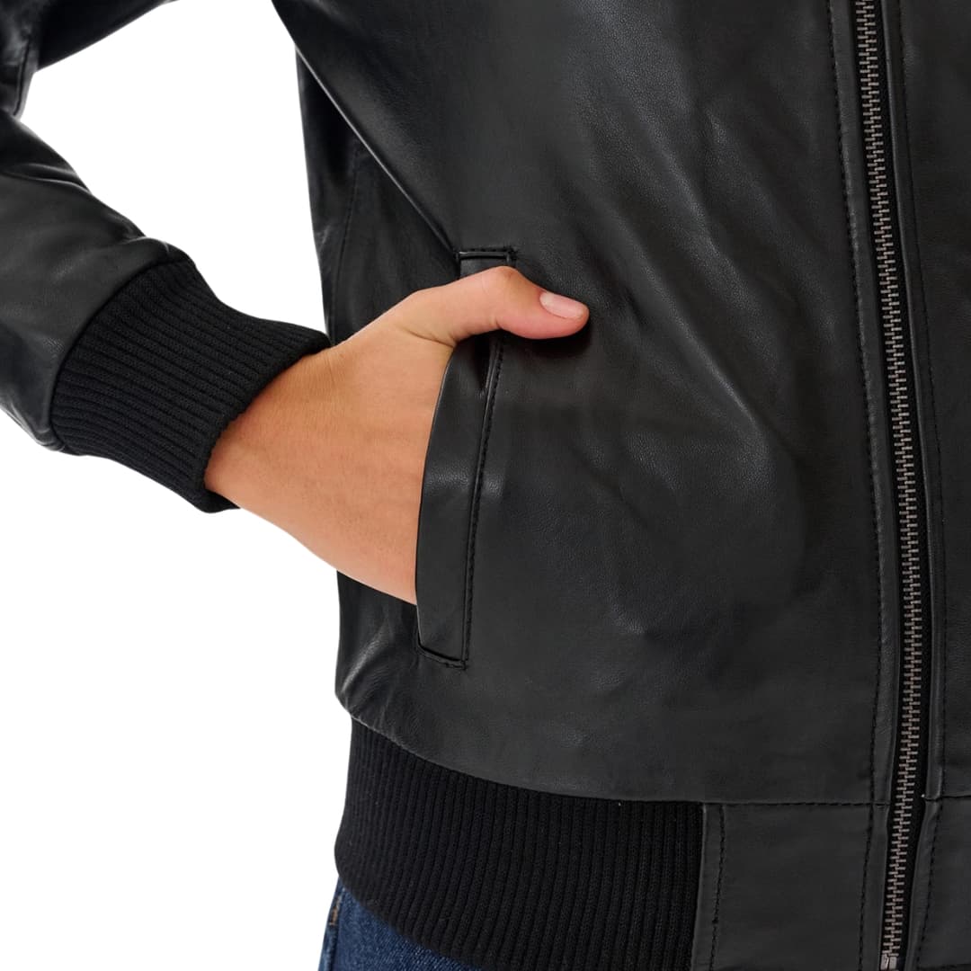 Women’s Black Aviator Leather Jacket with Shearling Collar