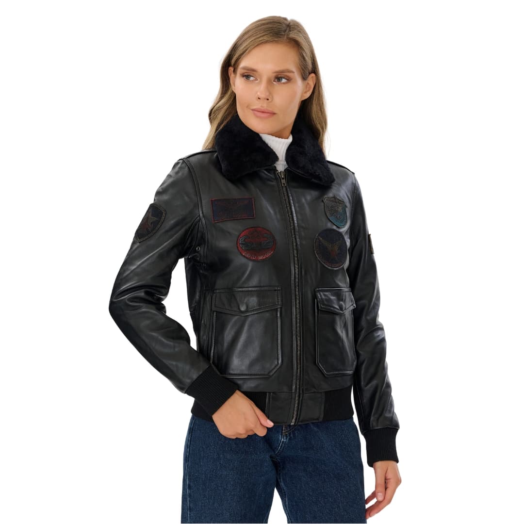 Womens Black Leather Aviator Jacket with Detachable Fur Collar