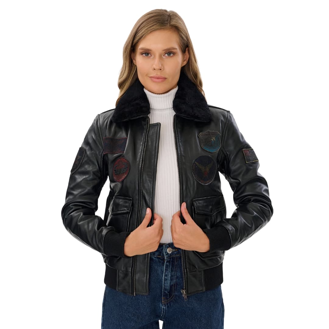 Womens Black Leather Aviator Jacket with Detachable Fur Collar