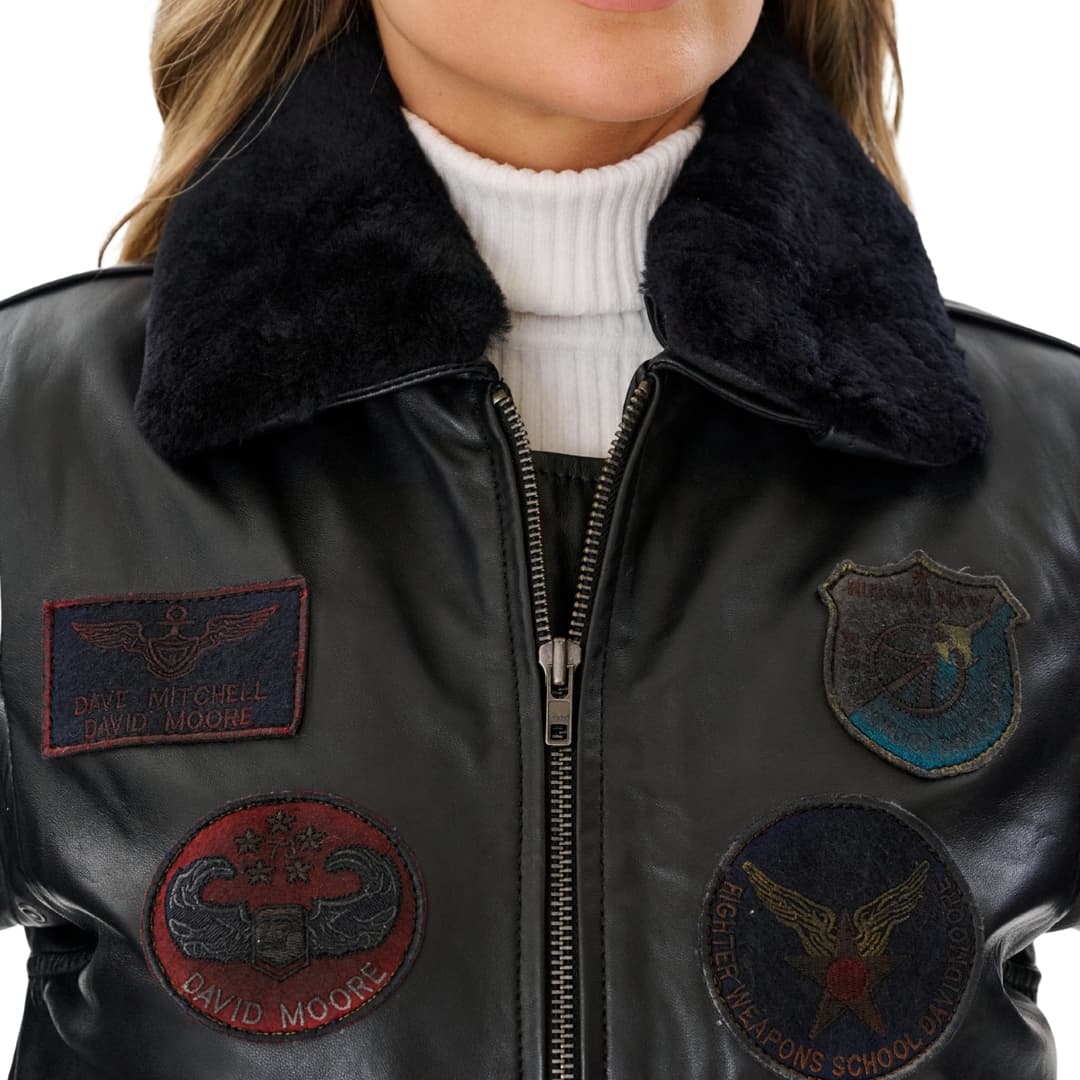 Womens Black Leather Aviator Jacket with Detachable Fur Collar