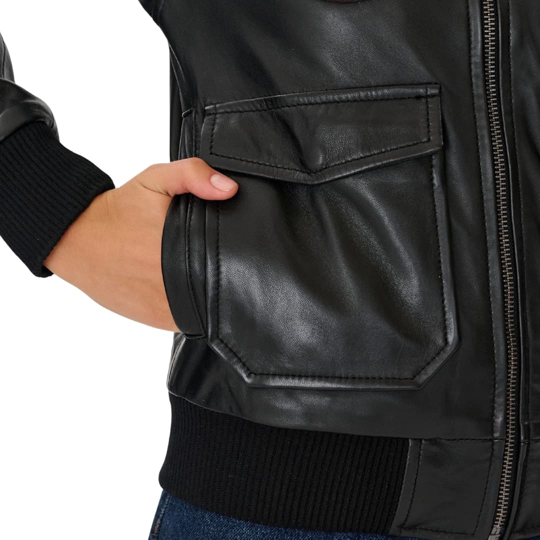 Womens Black Leather Aviator Jacket with Detachable Fur Collar