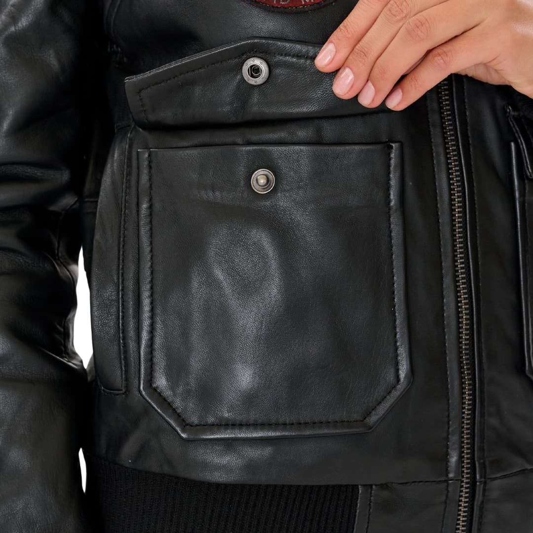 Womens Black Leather Aviator Jacket with Detachable Fur Collar