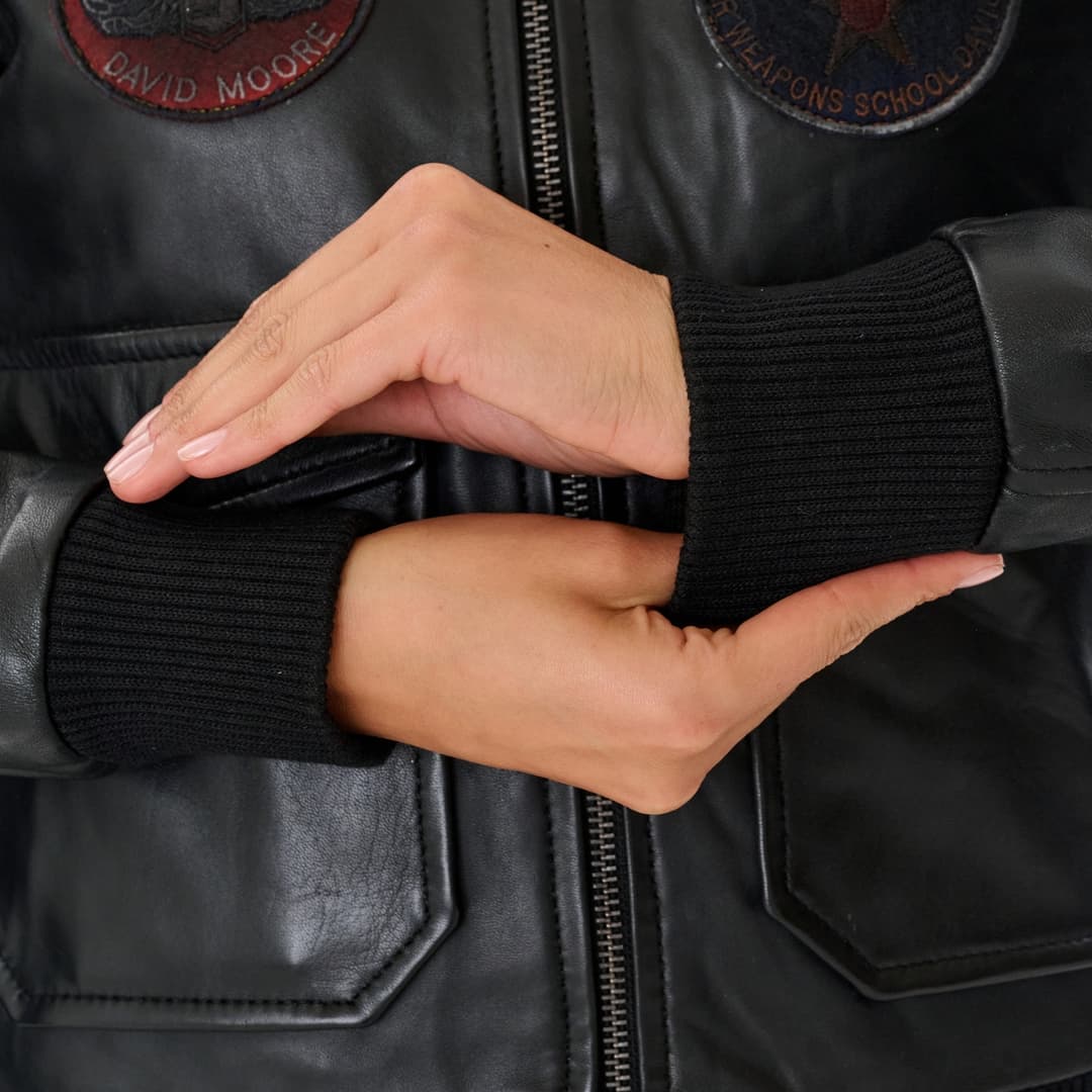 Womens Black Leather Aviator Jacket with Detachable Fur Collar