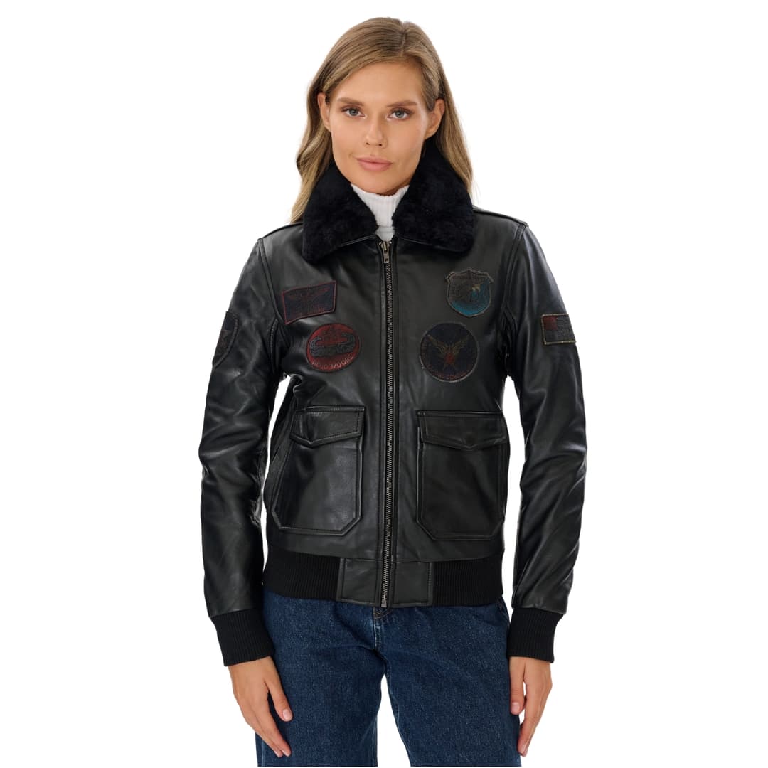 Womens Black Leather Aviator Jacket with Detachable Fur Collar