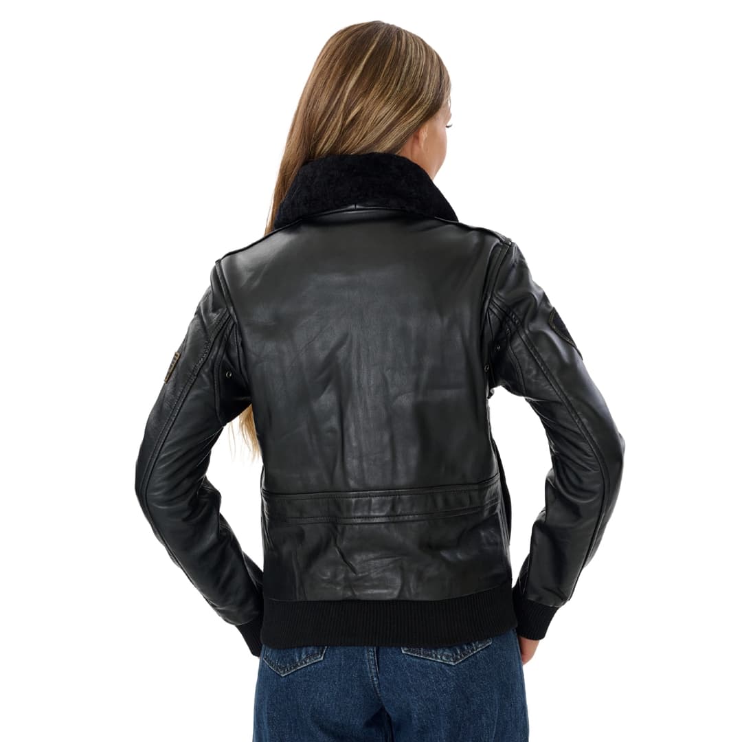 Womens Black Leather Aviator Jacket with Detachable Fur Collar
