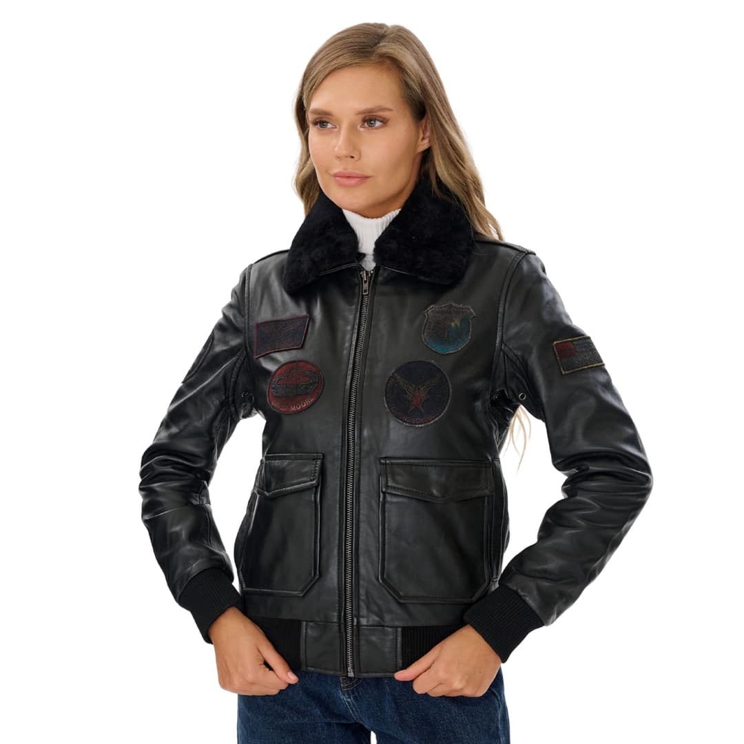 Womens Black Leather Aviator Jacket with Detachable Fur Collar