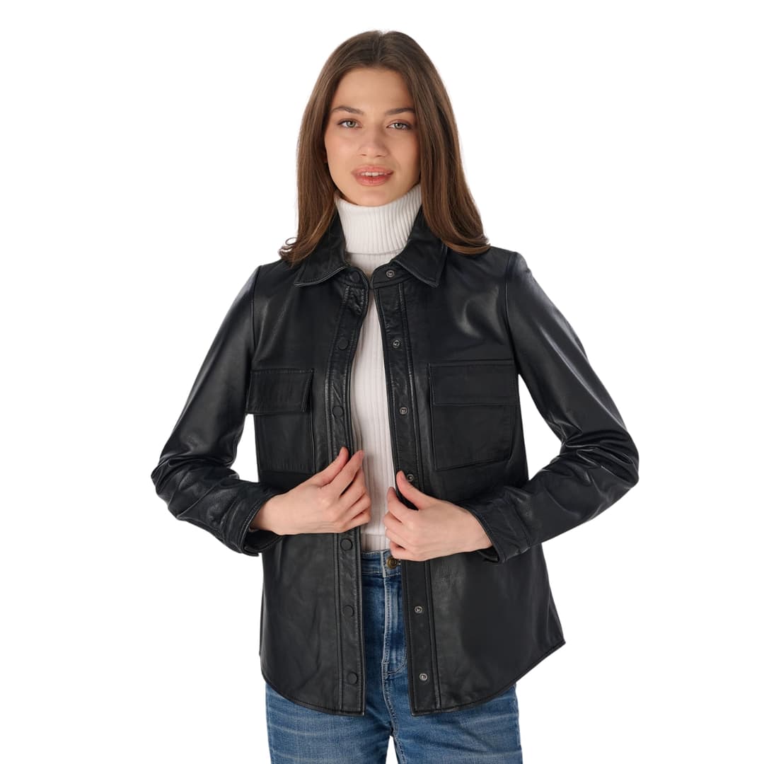 Womens Black Leather Shirt Stylish Button-Up Top