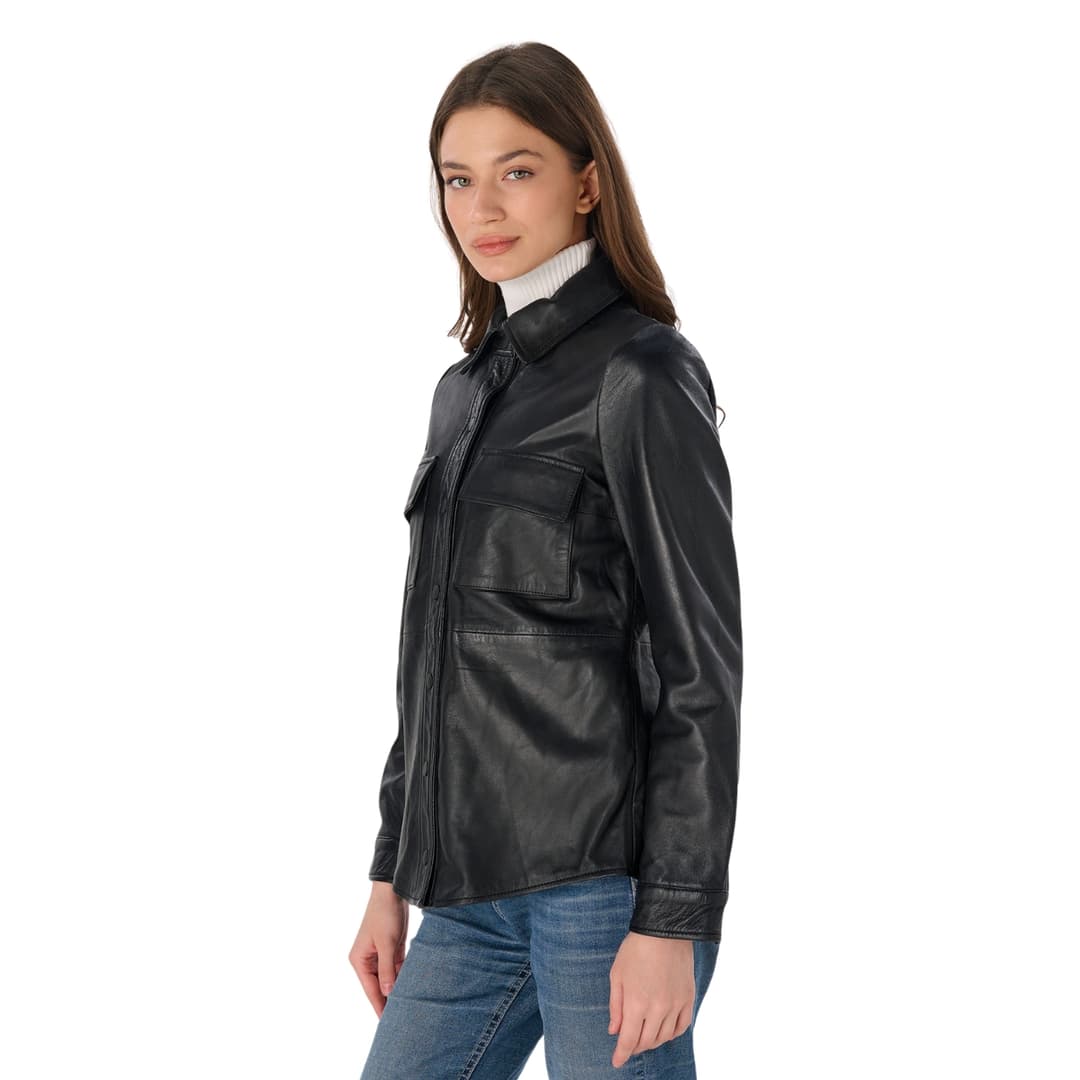 Womens Black Leather Shirt Stylish Button-Up Top