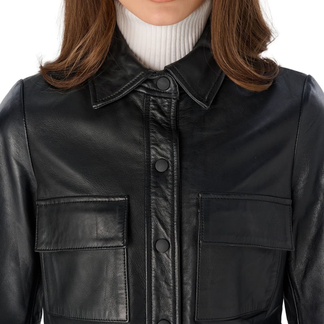Womens Black Leather Shirt Stylish Button-Up Top