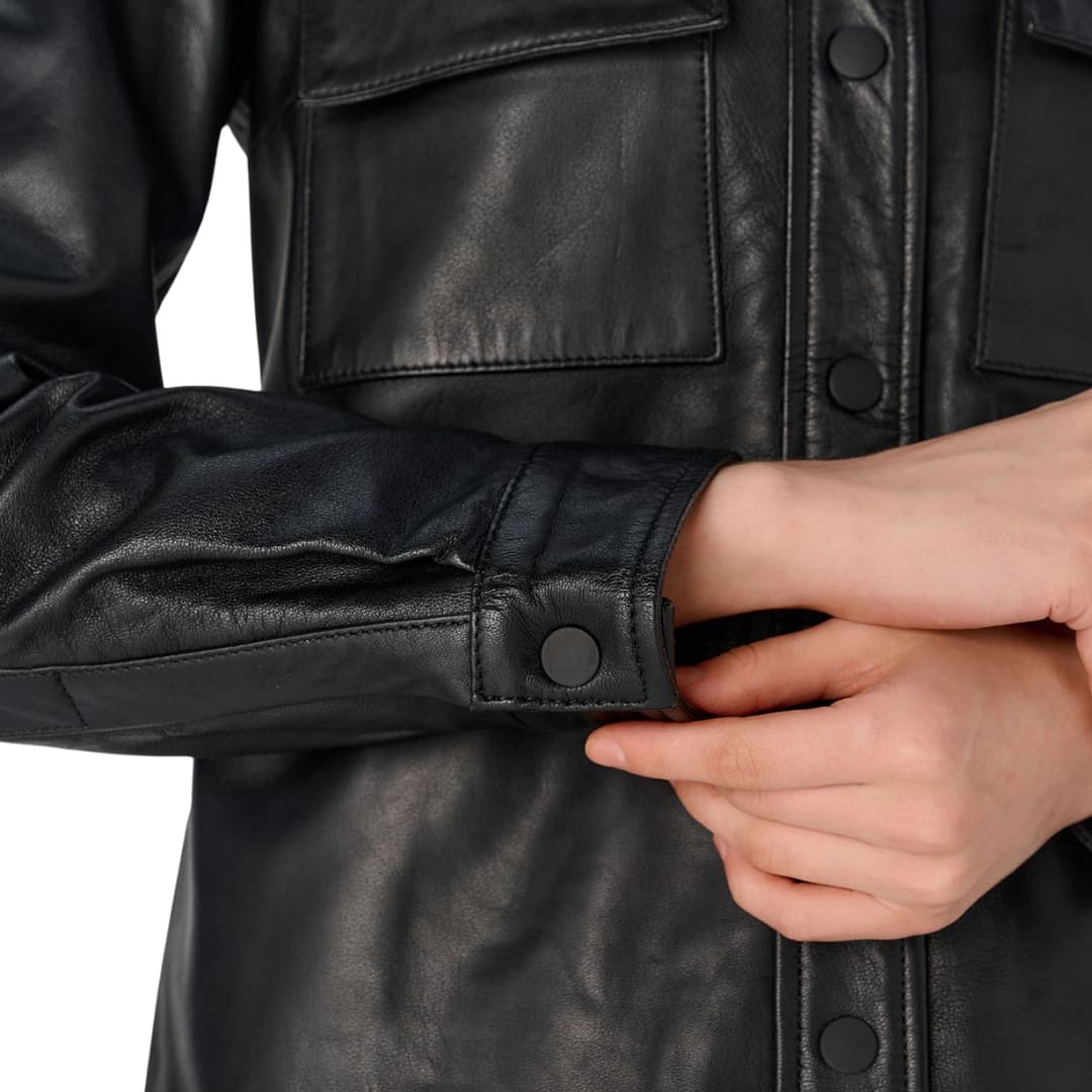 Womens Black Leather Shirt Stylish Button-Up Top