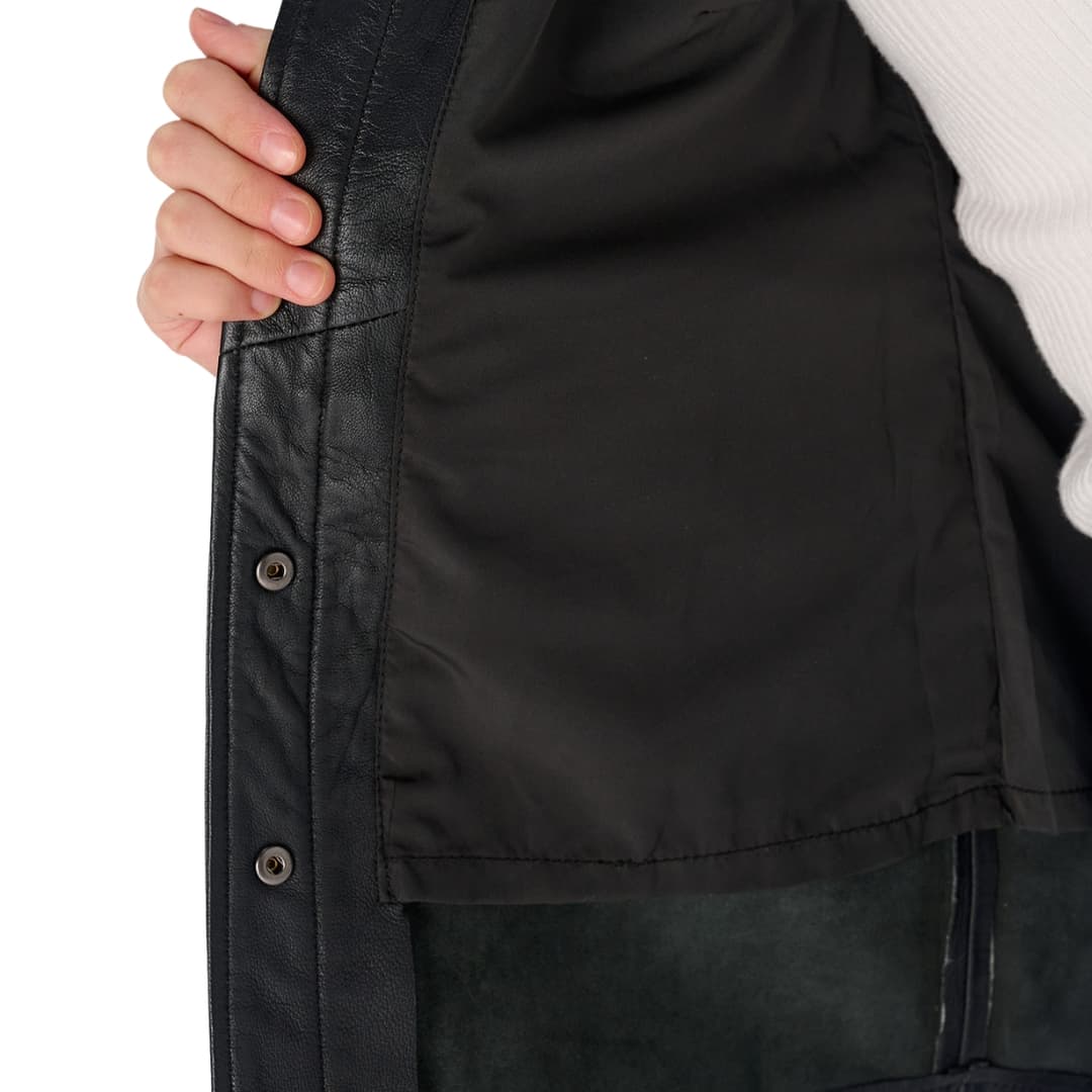 Womens Black Leather Shirt Stylish Button-Up Top