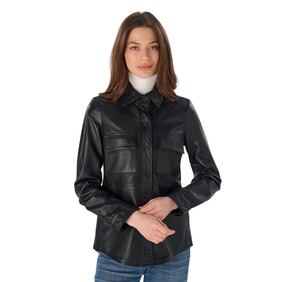 Womens Black Leather Shirt Stylish Button-Up Top
