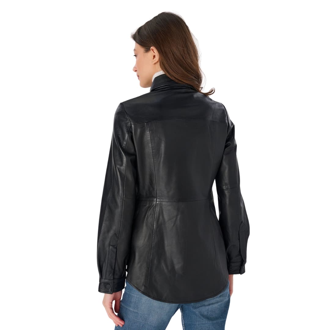 Womens Black Leather Shirt Stylish Button-Up Top