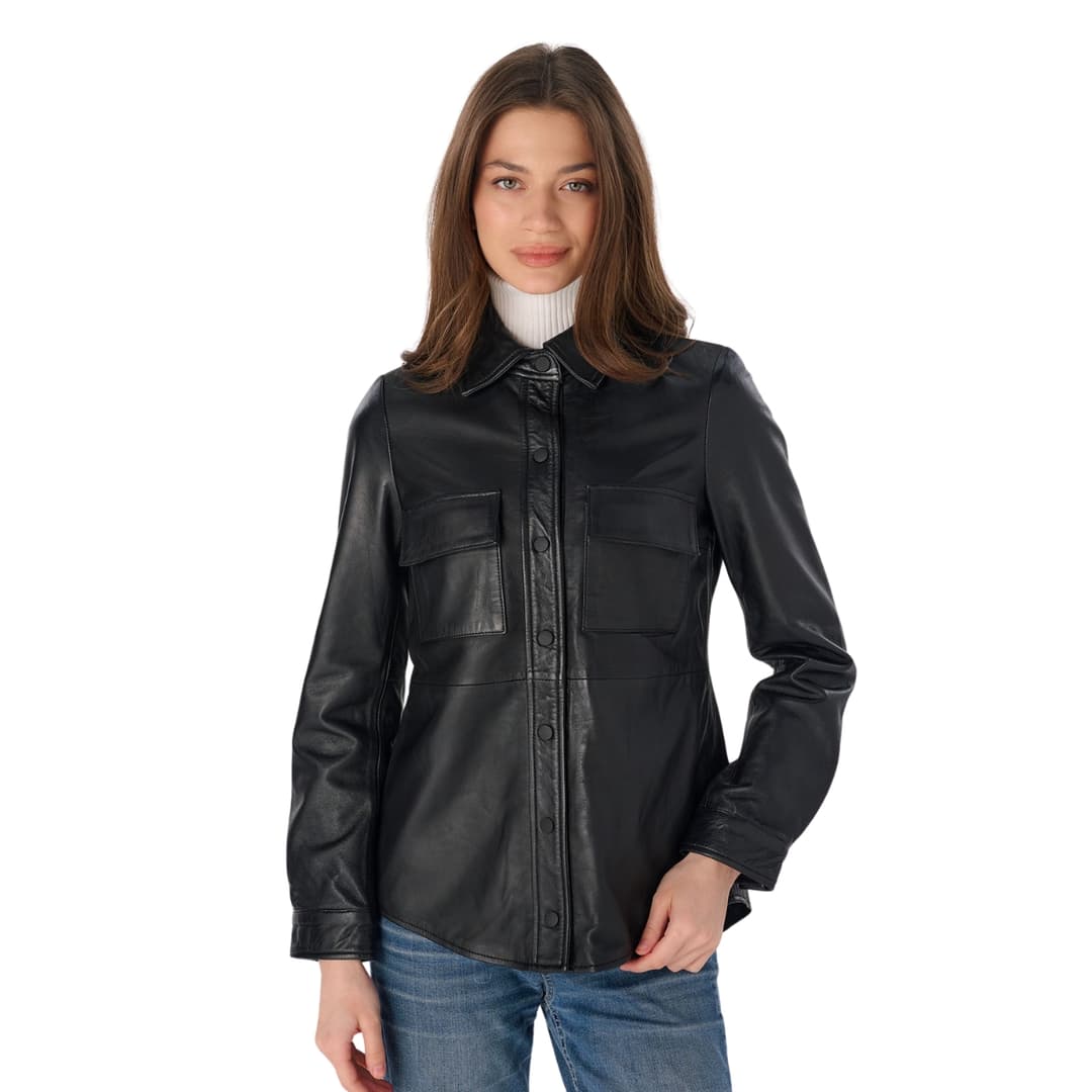 Womens Black Leather Shirt Stylish Button-Up Top