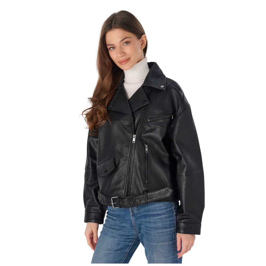 Womens Black Oversized Cropped Moto Jacket with Adjustable Waist Belt