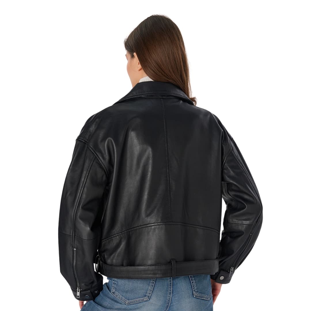 Womens Black Oversized Cropped Moto Jacket with Adjustable Waist Belt