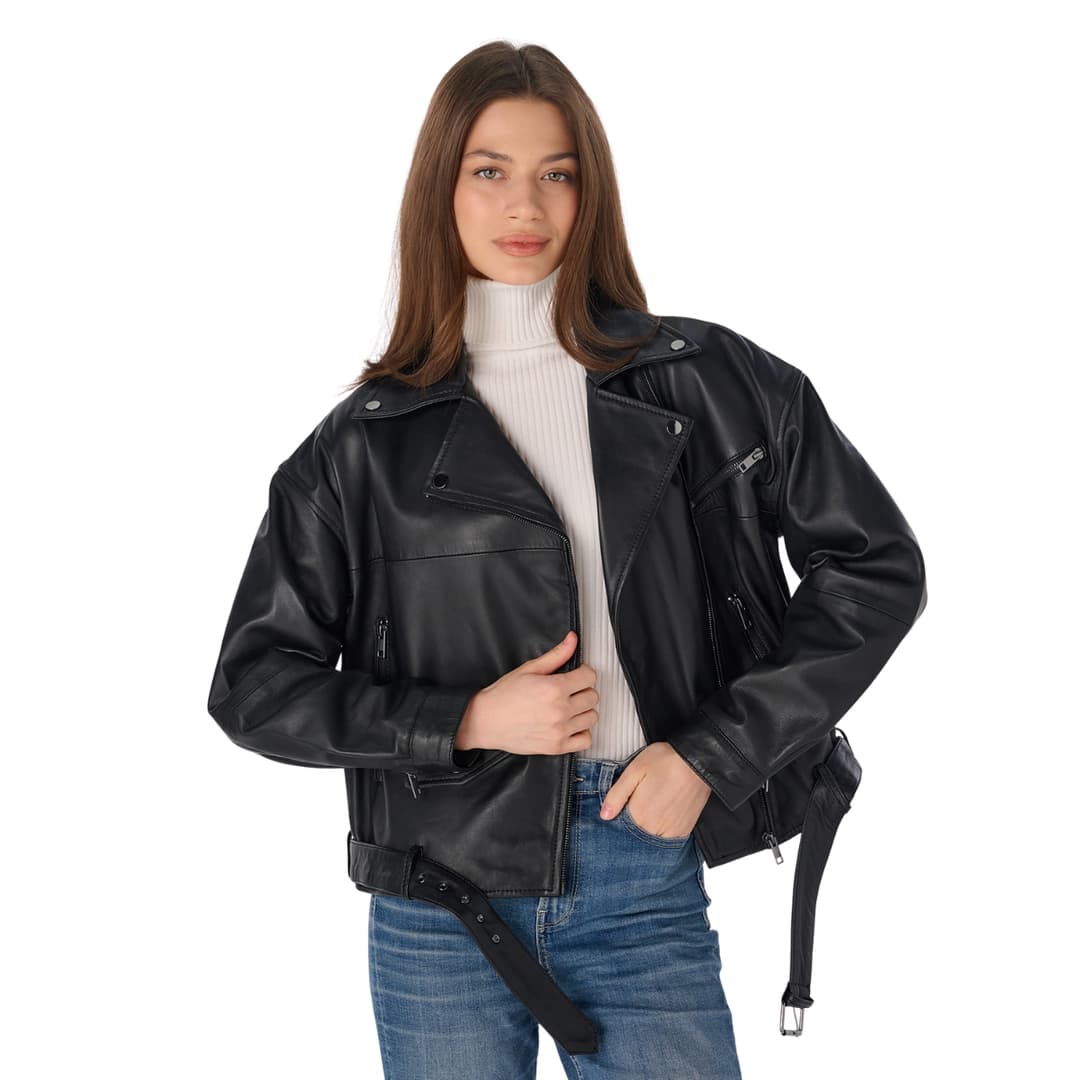 Womens Black Oversized Cropped Moto Jacket with Adjustable Waist Belt