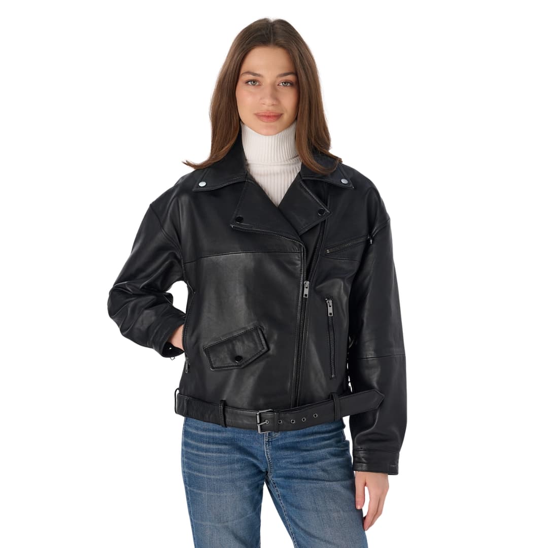 Womens Black Oversized Cropped Moto Jacket with Adjustable Waist Belt