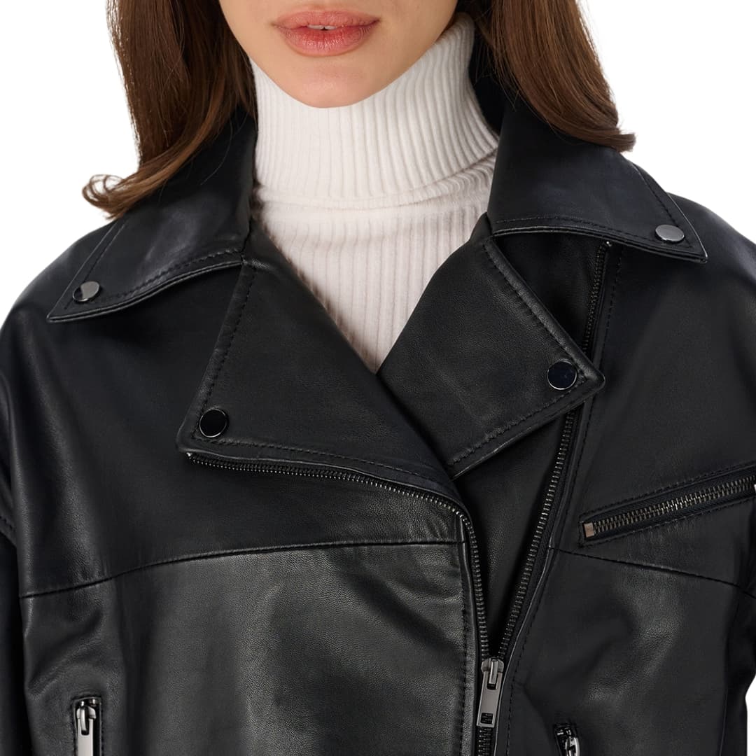 Womens Black Oversized Cropped Moto Jacket with Adjustable Waist Belt