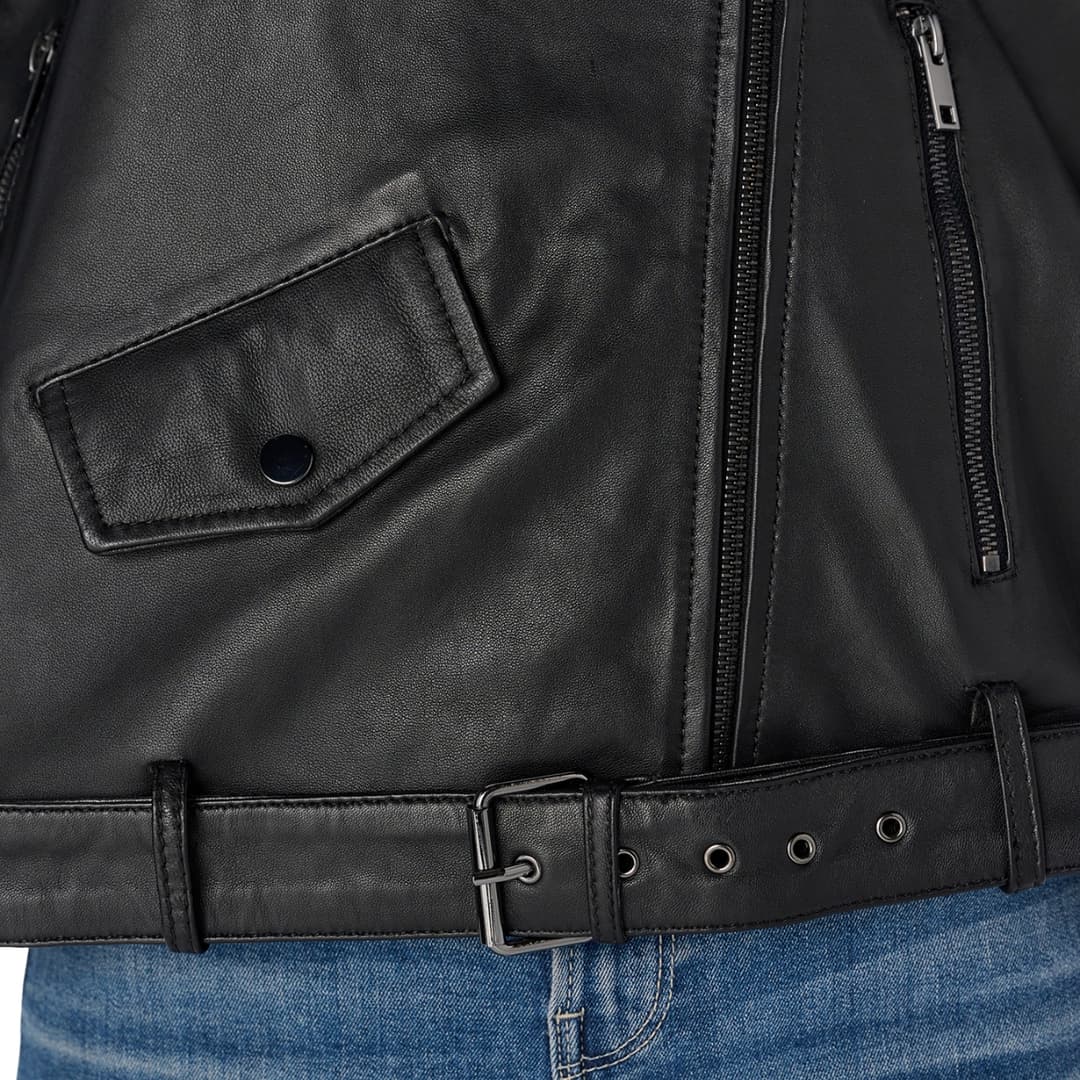 Womens Black Oversized Cropped Moto Jacket with Adjustable Waist Belt
