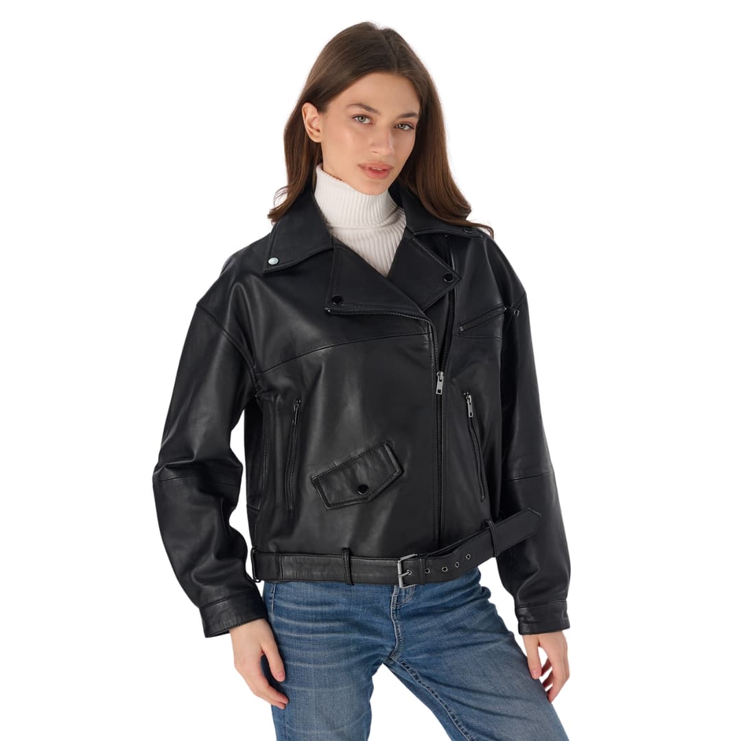 Womens Black Oversized Cropped Moto Jacket with Adjustable Waist Belt