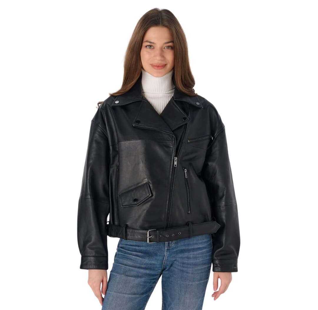 Womens Black Oversized Cropped Moto Jacket with Adjustable Waist Belt