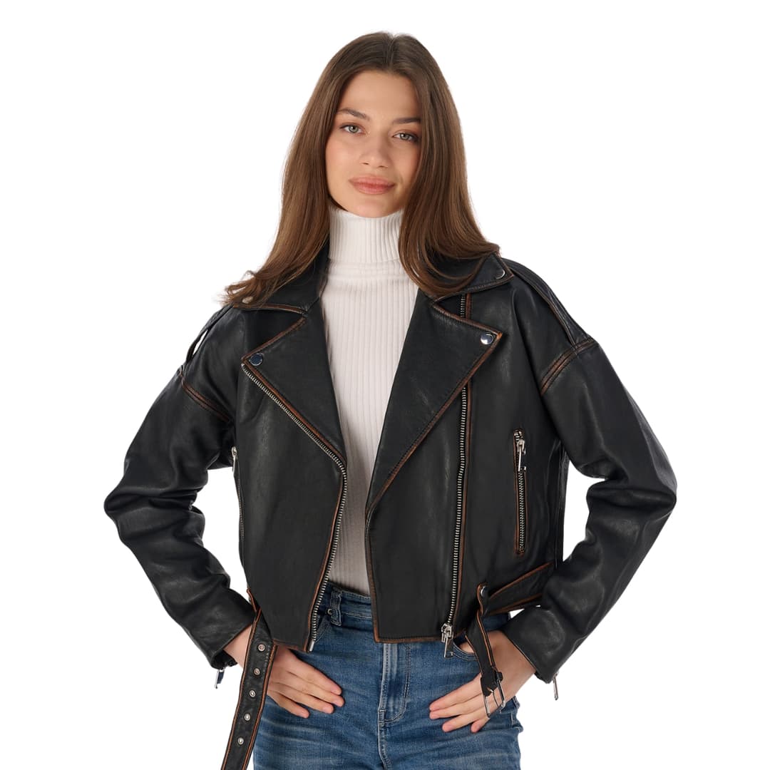 womens brown distressed leather cropped motorcycle jacket
