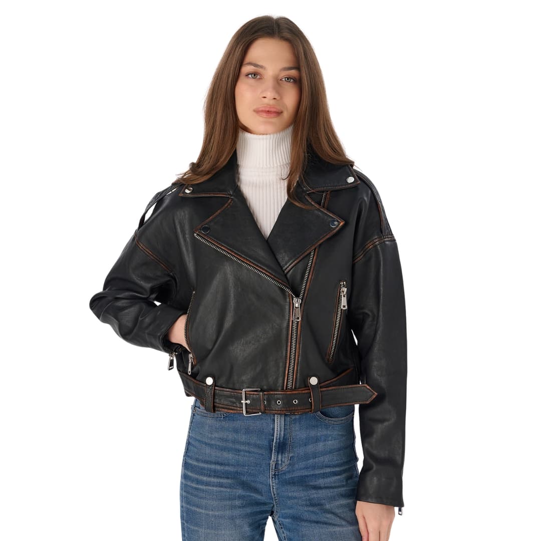womens brown distressed leather cropped motorcycle jacket