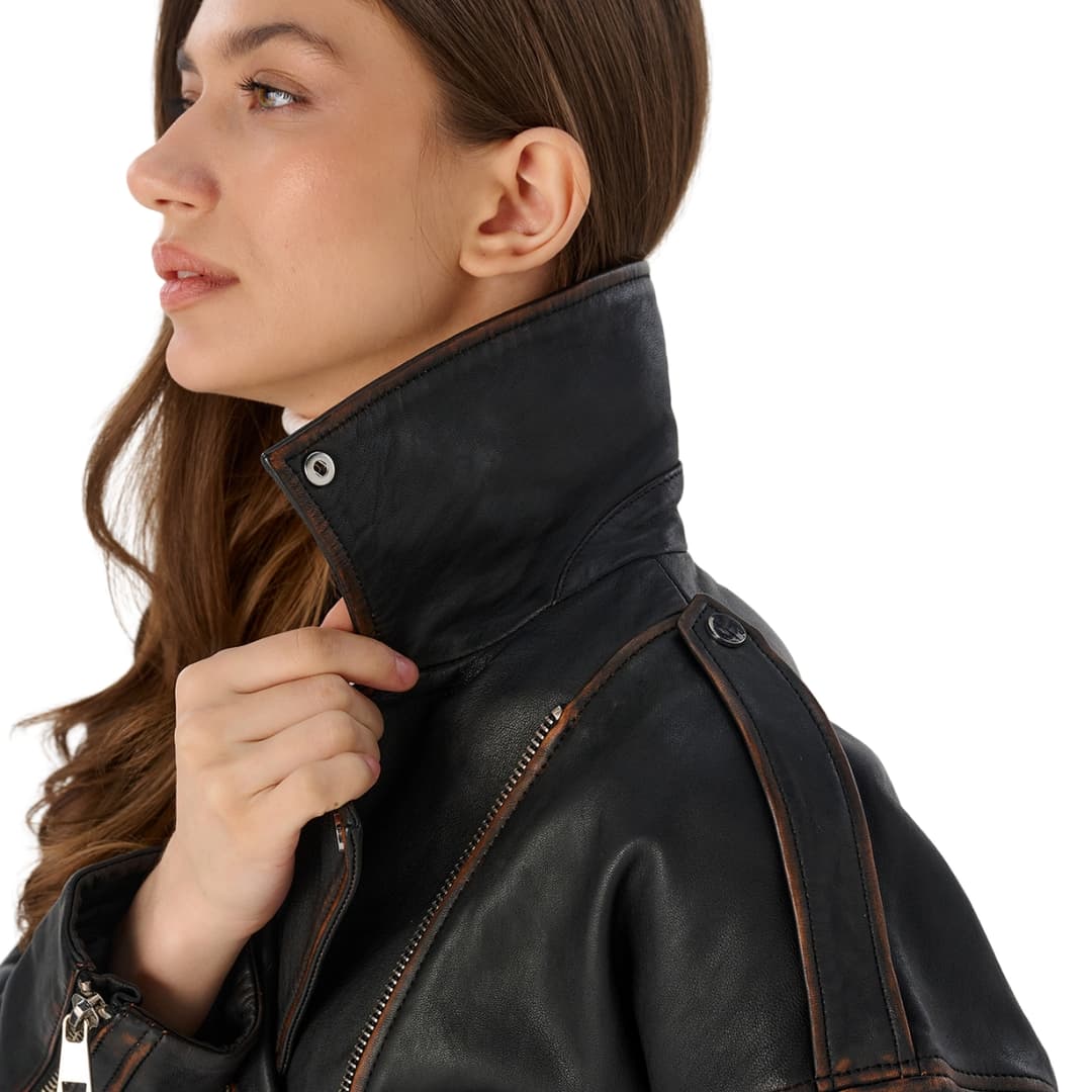 womens brown distressed leather cropped motorcycle jacket