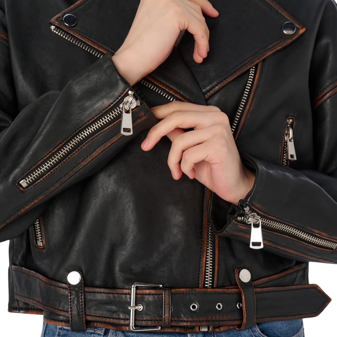 womens brown distressed leather cropped motorcycle jacket