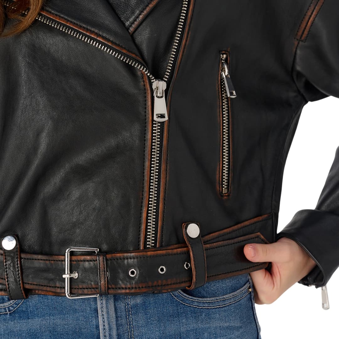 womens brown distressed leather cropped motorcycle jacket