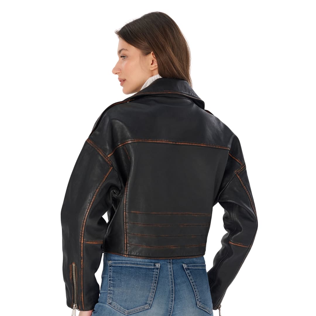 womens brown distressed leather cropped motorcycle jacket