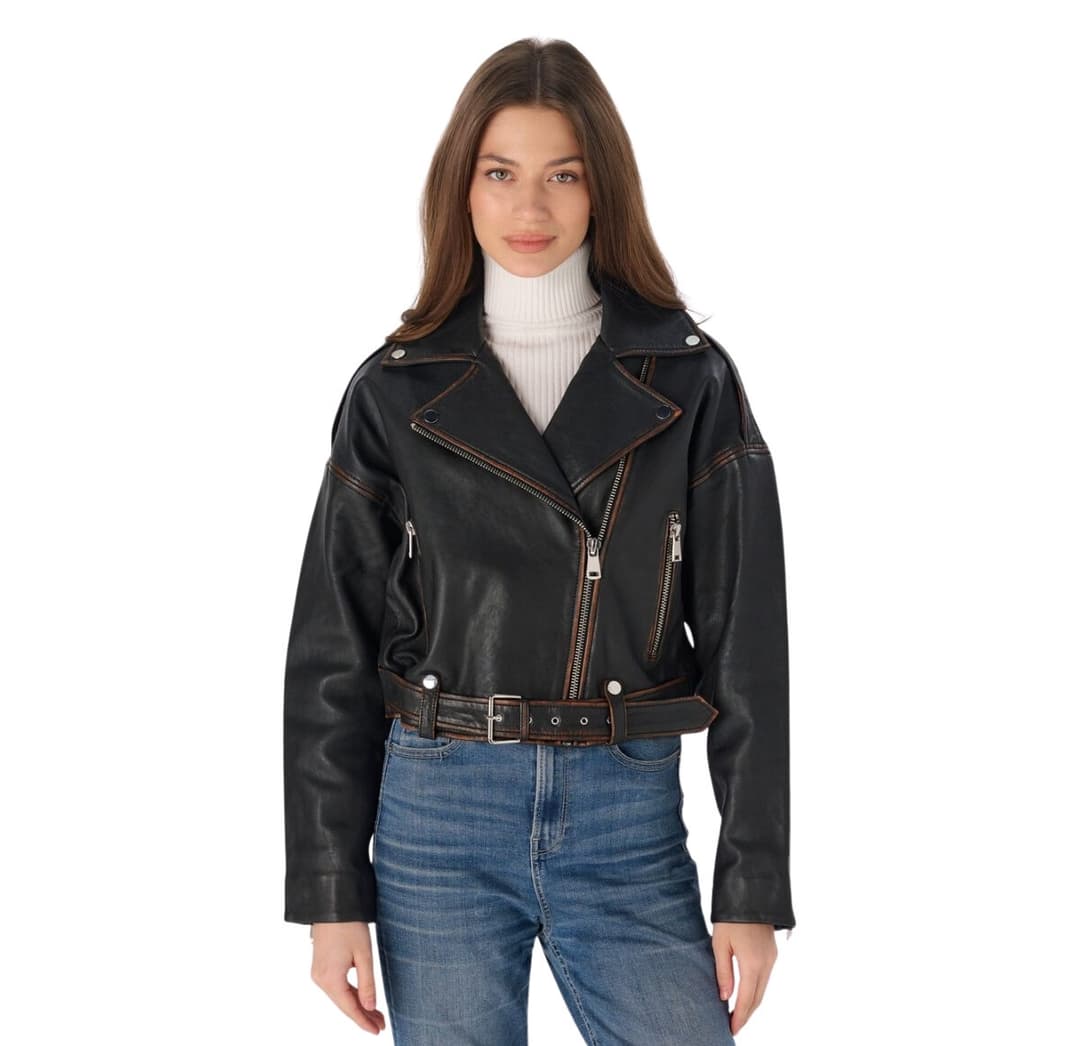 Womens Brown Distressed Leather Cropped Biker Jacket