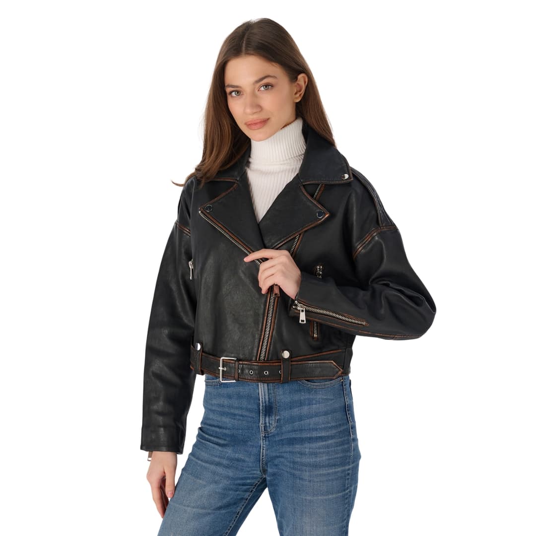 womens brown distressed leather cropped motorcycle jacket