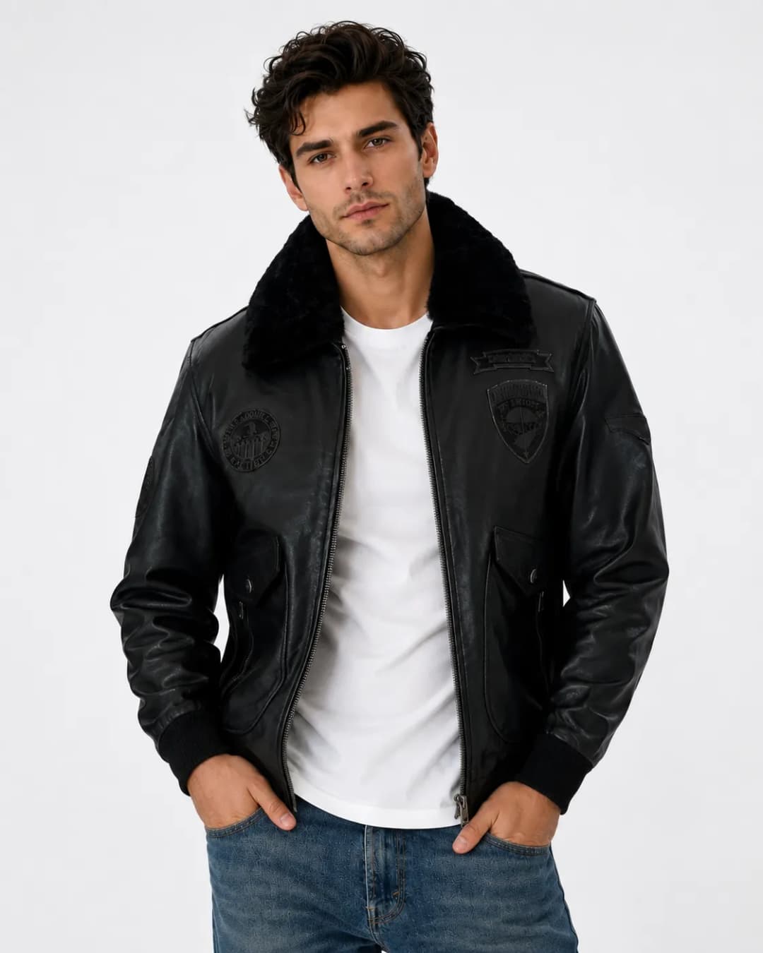 Mens Black Leather Flight Jacket_3