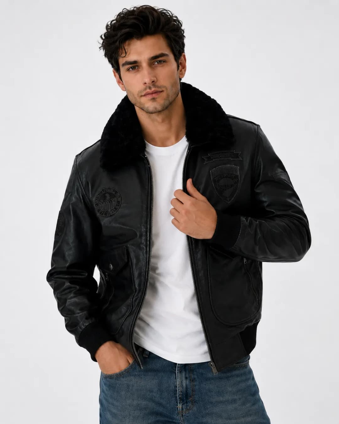 Mens Black Leather Flight Jacket_4