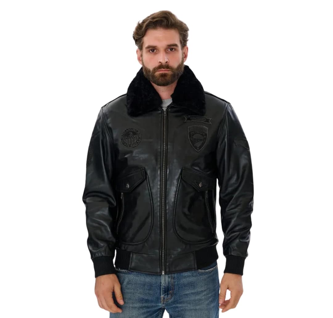Mens Black Pilot Jacket with Detachable Black Fur Collar