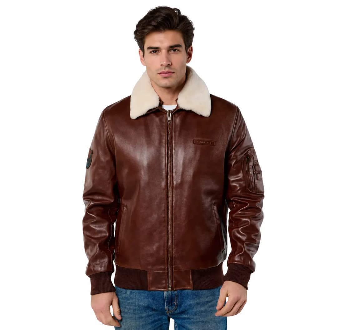 Men’s Brown Leather Flight Jacket with White Fur Collar_1
