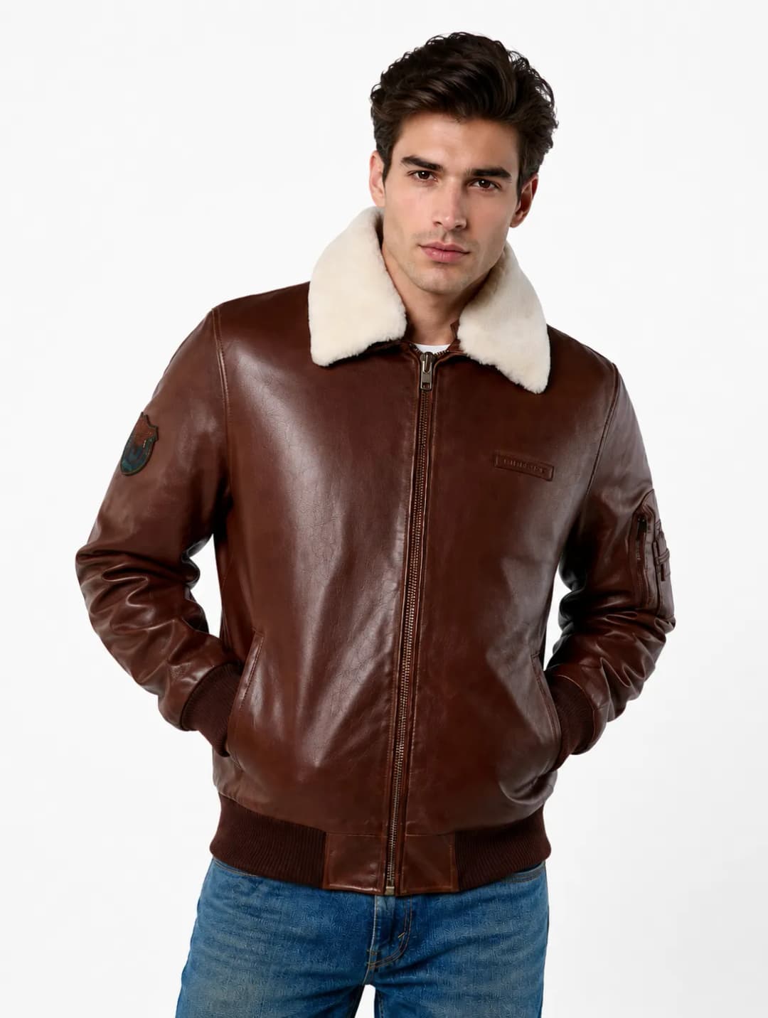Men’s Brown Leather Flight Jacket with White Fur Collar_2