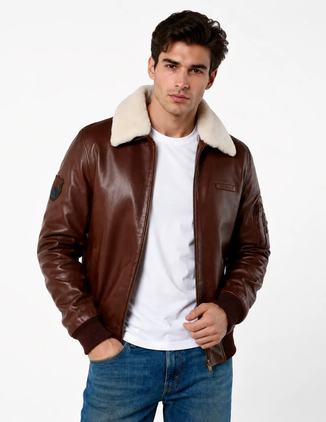 Men’s Brown Leather Flight Jacket with White Fur Collar_3