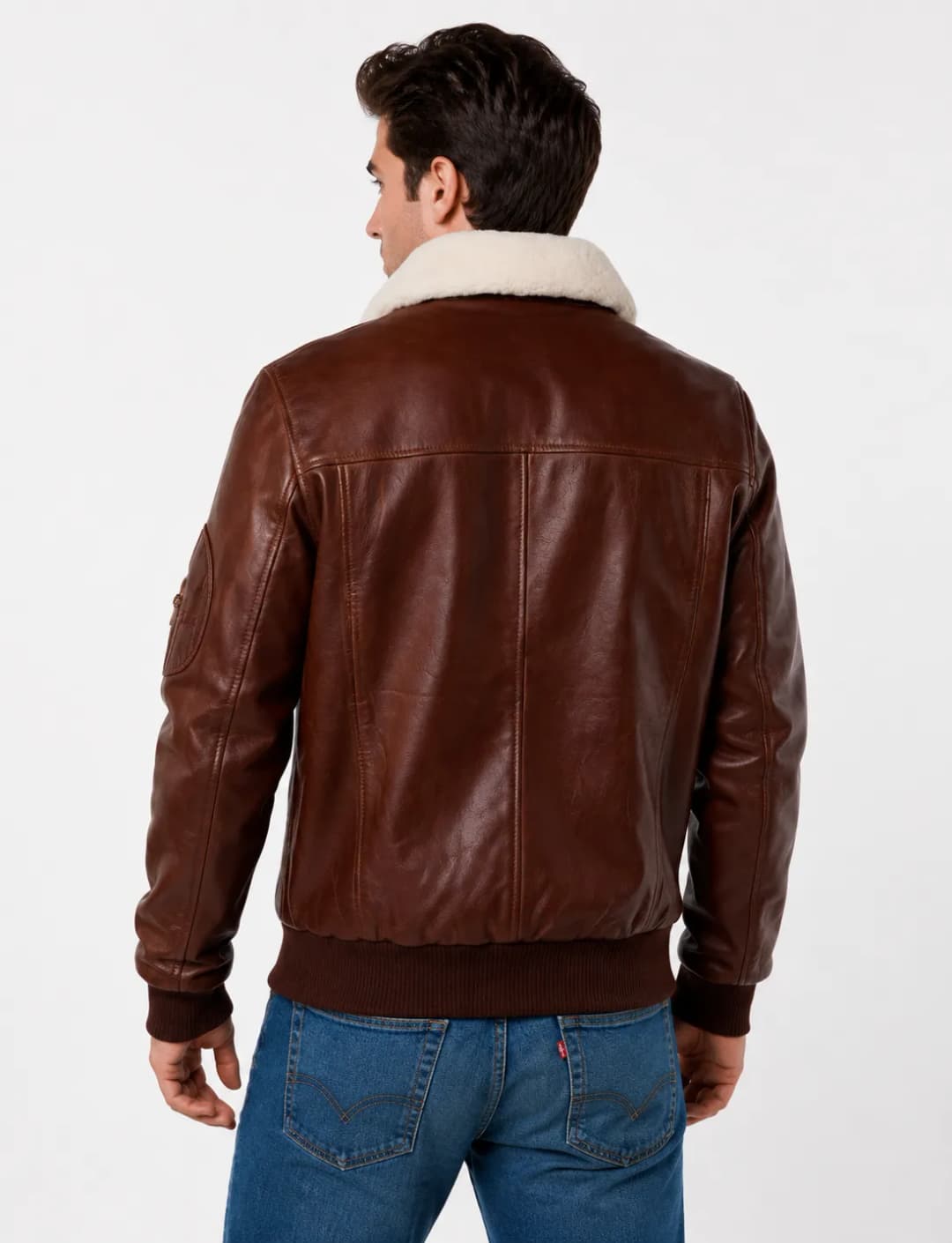 Men’s Brown Leather Flight Jacket with White Fur Collar_4