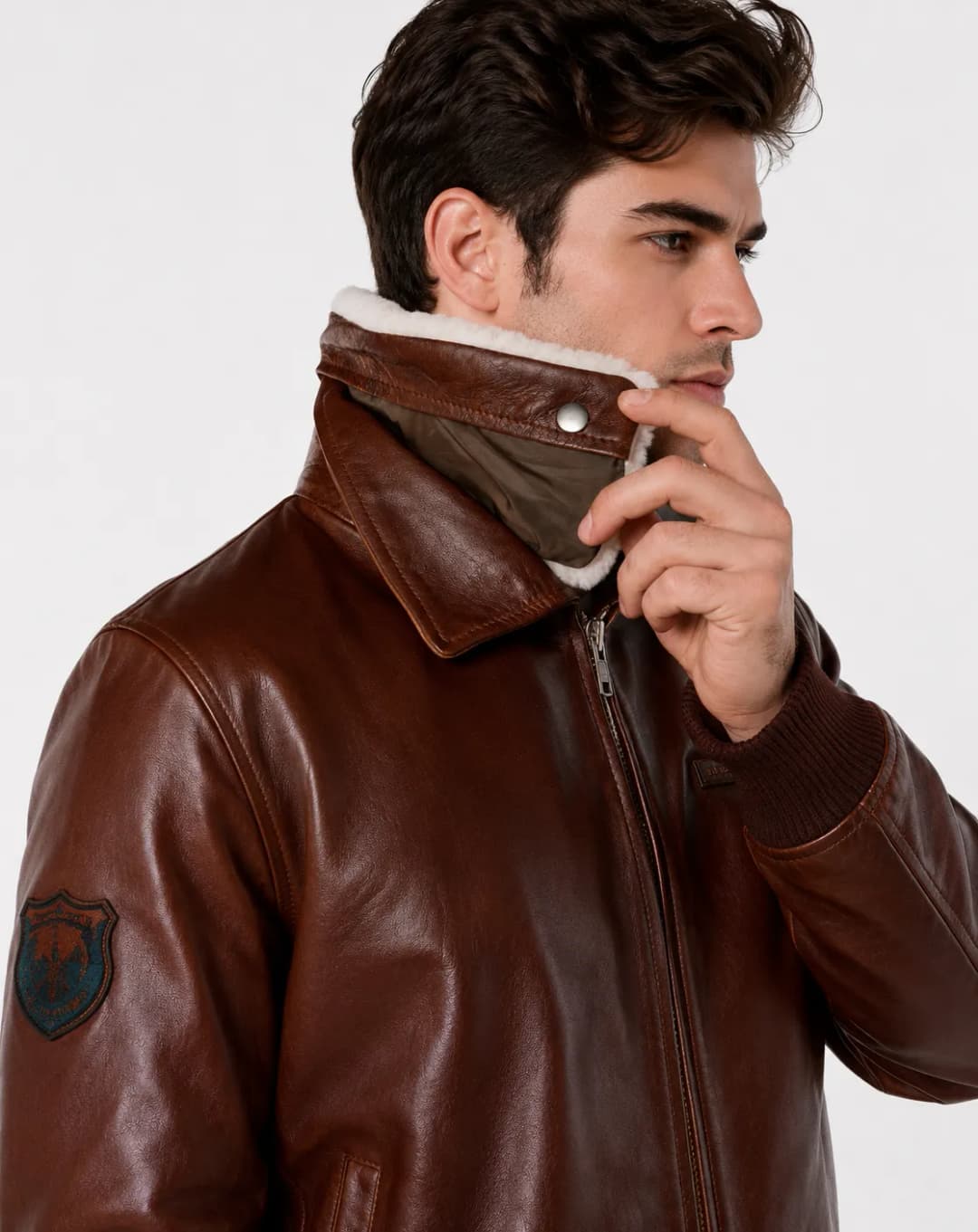 Men’s Brown Leather Flight Jacket with White Fur Collar_5