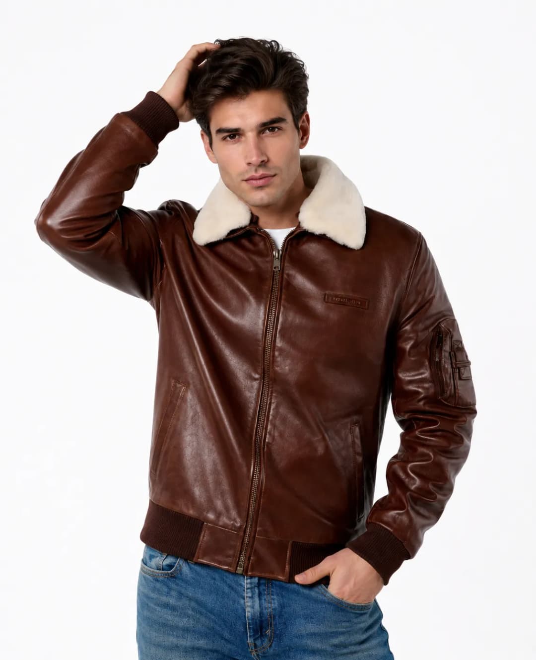 Men’s Brown Leather Flight Jacket with White Fur Collar_6