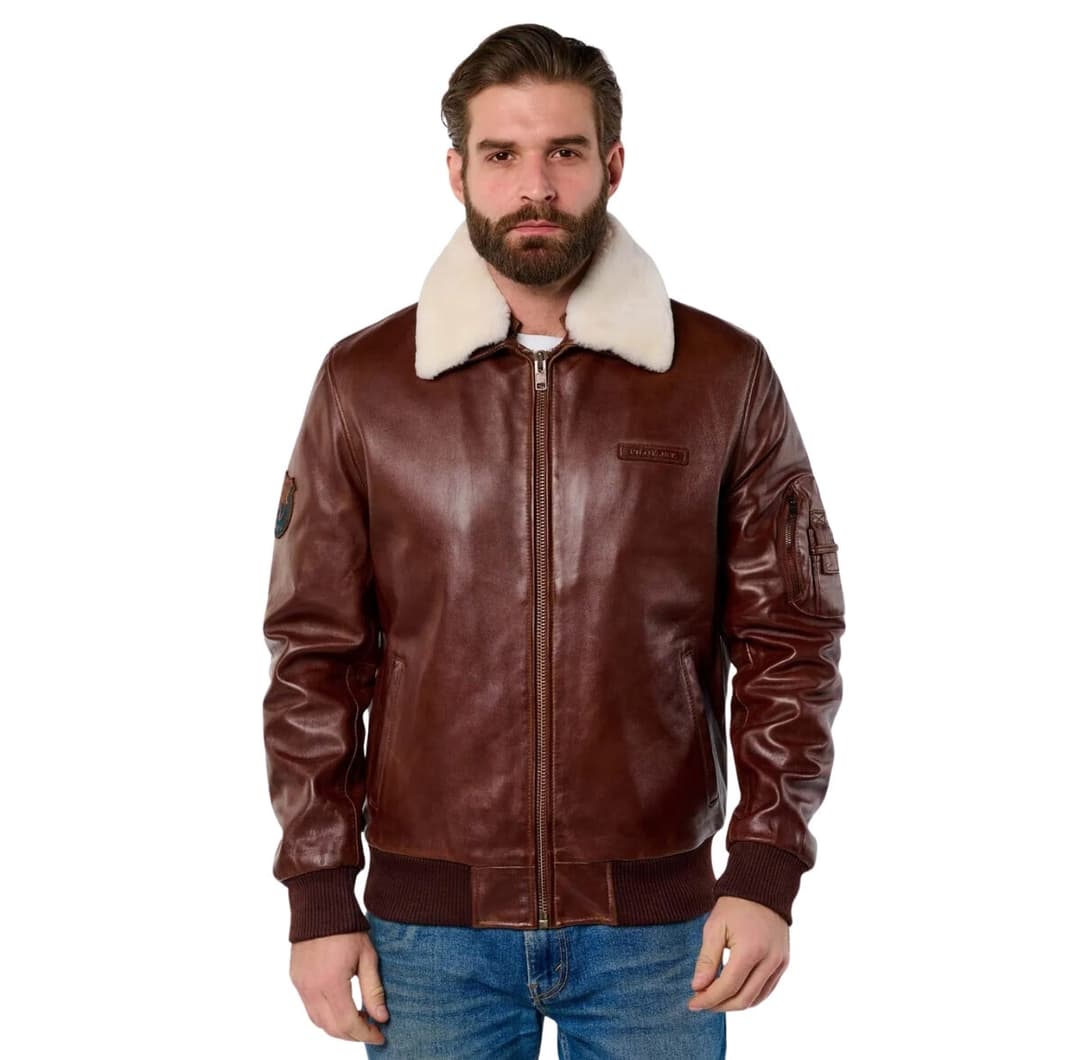 Mens Brown Leather Pilot Jacket With White Detachable Collar
