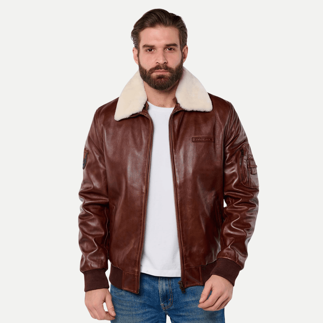 Mens Brown Leather Pilot Jacket With White Detachable Collar