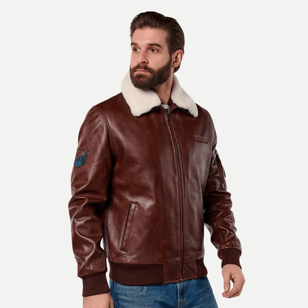Mens Brown Leather Pilot Jacket With White Detachable Collar