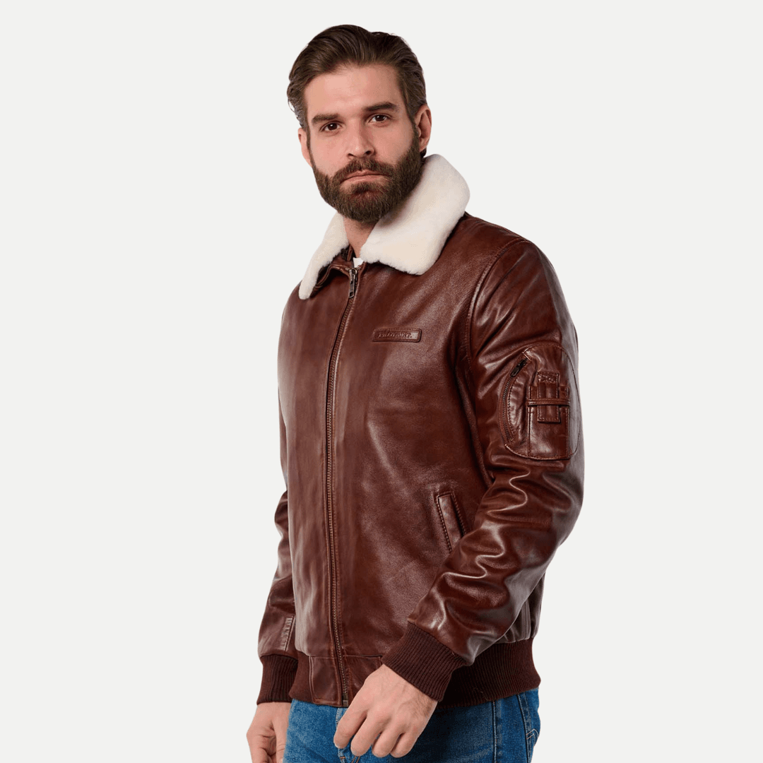 Mens Brown Leather Pilot Jacket With White Detachable Collar