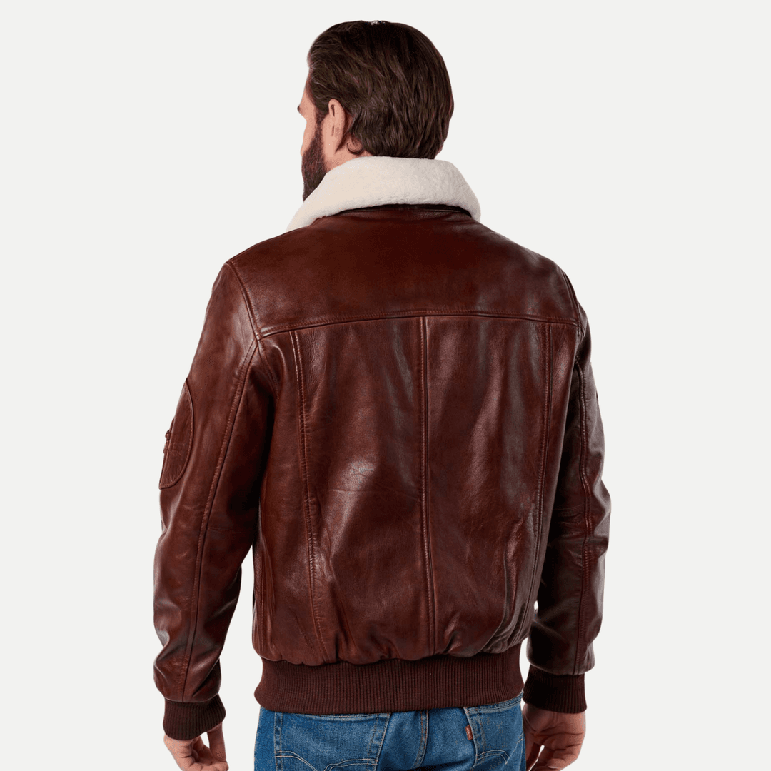 Mens Brown Leather Pilot Jacket With White Detachable Collar