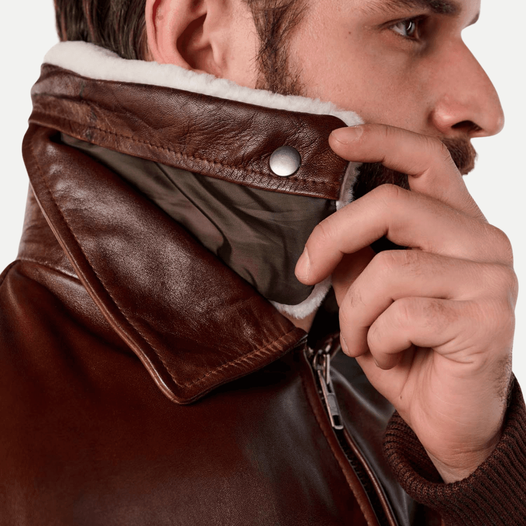 Mens Brown Leather Pilot Jacket With White Detachable Collar