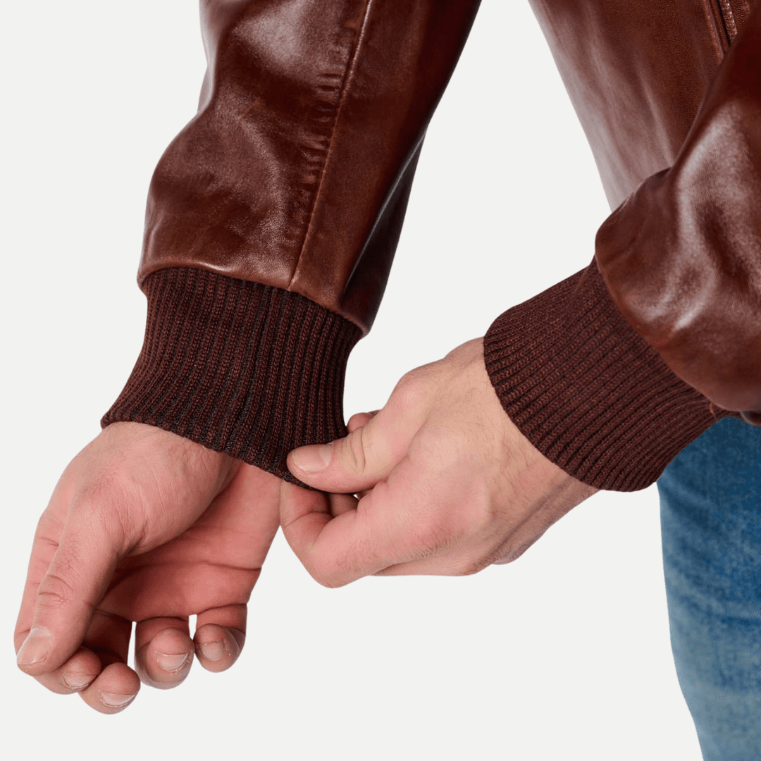 Mens Brown Leather Pilot Jacket With White Detachable Collar